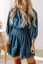 Mommas Hive Prussian Blue 3/4 Sleeve Shirred High Waist Buttoned Mini Dress, lightweight cotton, stylish and comfortable.