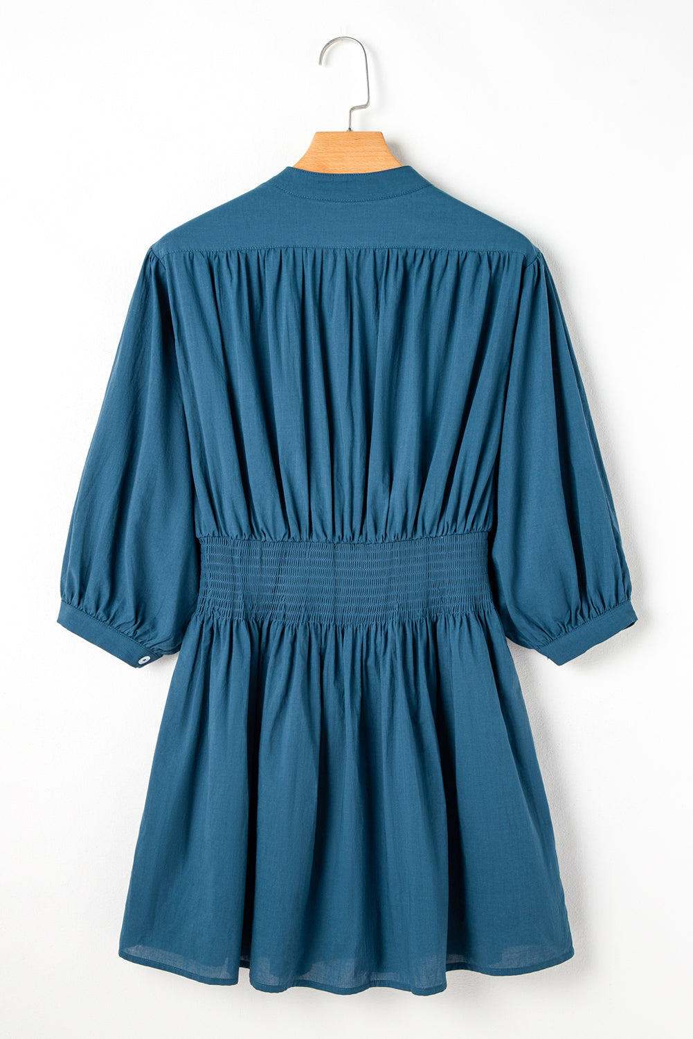 Prussian Blue mini dress by Mommas Hive with 3/4 sleeves, shirred high waist, button details, made of 100% cotton.