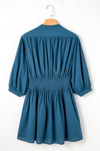 Prussian Blue mini dress by Mommas Hive with 3/4 sleeves, shirred high waist, button details, made of 100% cotton.