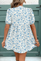 Sky blue floral contrast bow puff sleeve mini dress by Mommas Hive, featuring a fitted mini dress with puff sleeves and bow detail.