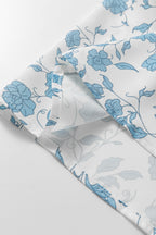 Sky blue floral contrast bow puff sleeve mini dress by Mommas Hive, showcasing a fitted silhouette and delicate floral pattern.