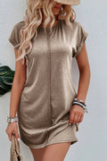 Light French beige T-shirt dress with center seam and rolled cuffs by Mommas Hive, casual and comfortable for everyday wear.