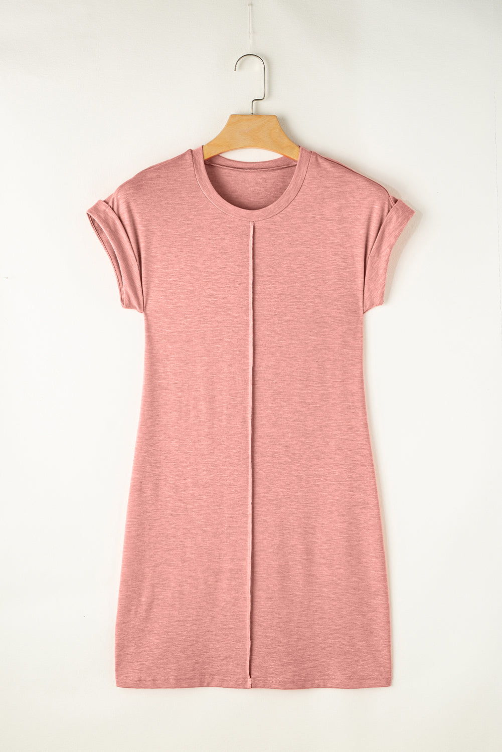 Light French beige T-shirt dress from Mommas Hive featuring center seam and rolled cuffs, casual and comfortable style.