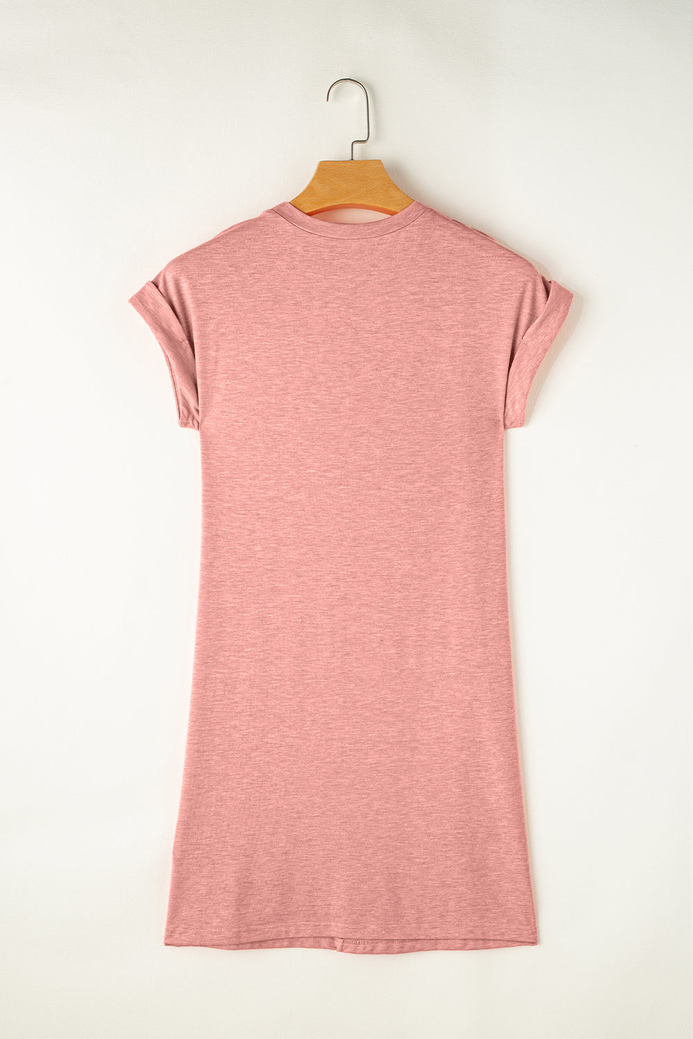 Light French beige T-shirt dress with center seam and rolled cuffs from Mommas Hive, casual and comfortable for everyday wear.