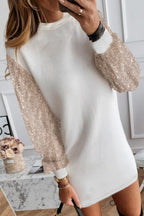 White sequin puff sleeve shift mini dress by Mommas Hive, featuring a stylish mini length and elegant puff sleeves.