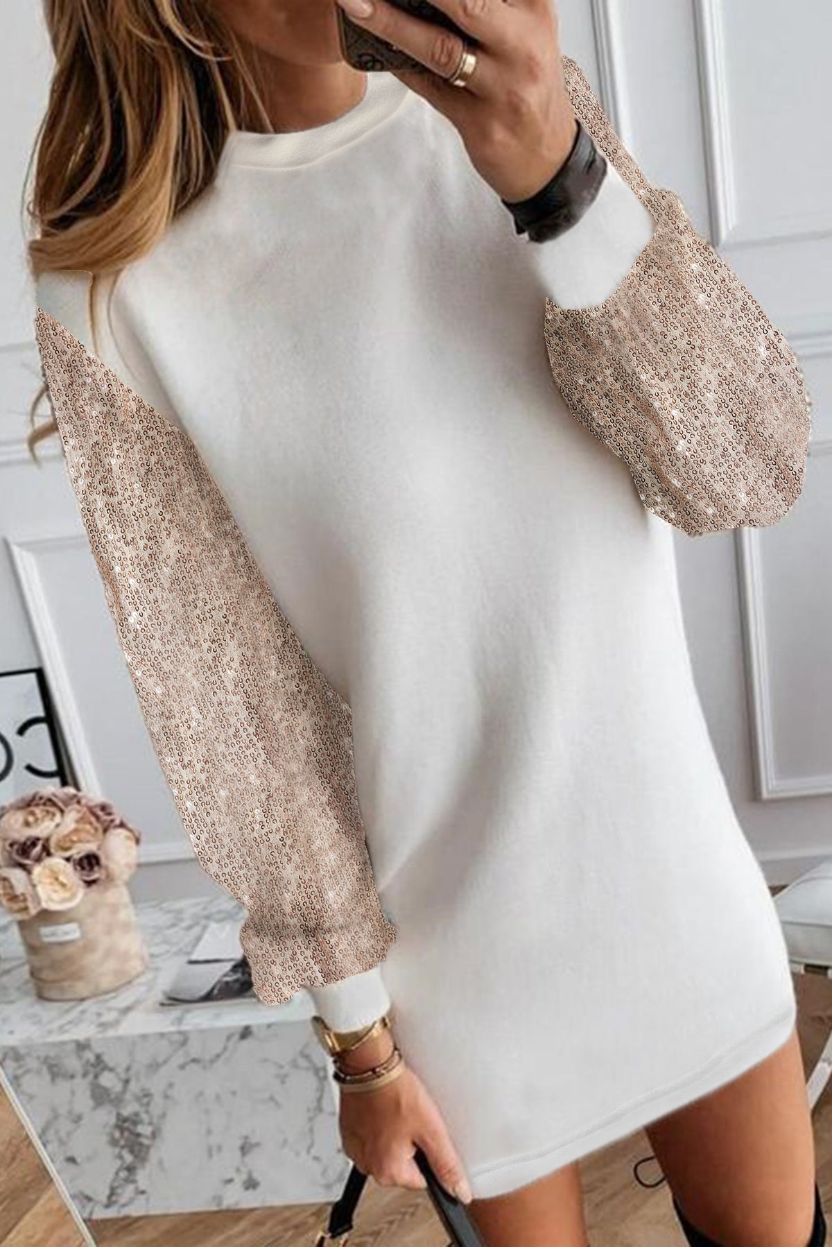 White sequin puff sleeve shift mini dress by Mommas Hive, featuring a stylish mini length and elegant puff sleeves.