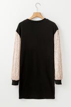 White sequin puff sleeve shift mini dress by Mommas Hive, featuring a fitted silhouette and elegant mini length.