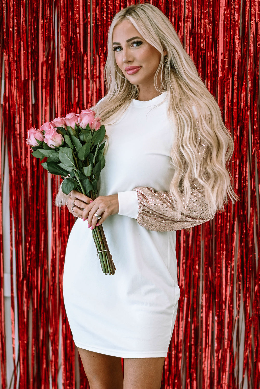 White sequin puff sleeve shift mini dress by Mommas Hive, featuring a stylish mini length and elegant puff sleeves.