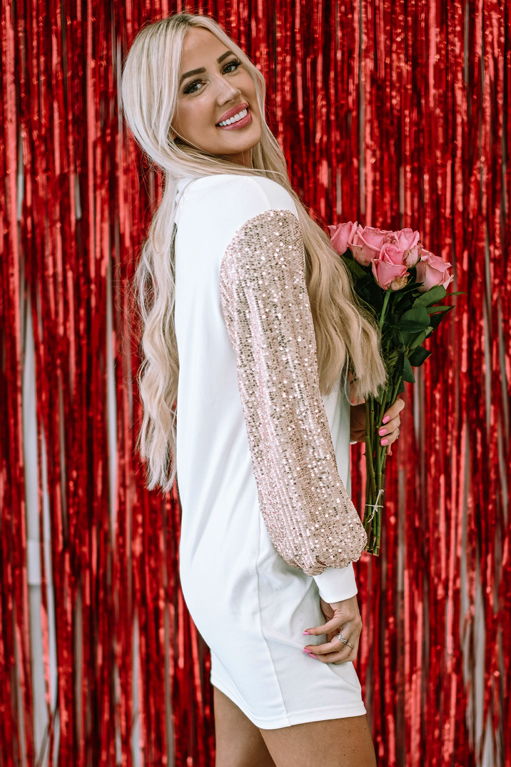 White sequin puff sleeve shift mini dress by Mommas Hive, featuring a stylish mini length and sparkling sequin details.