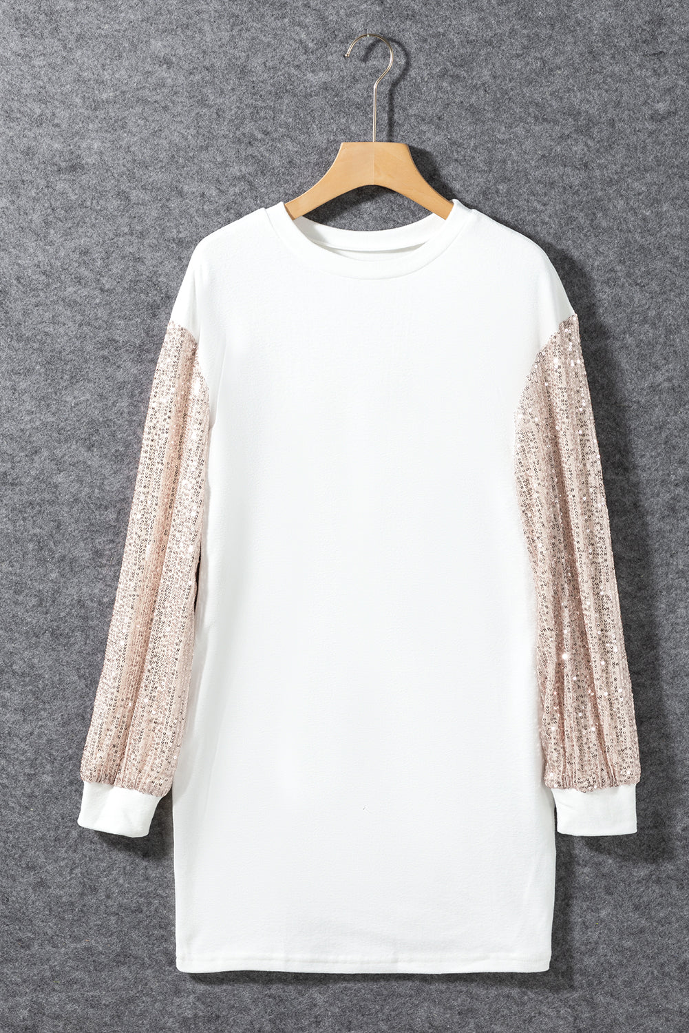 White sequin puff sleeve shift mini dress by Mommas Hive, stylish sleeveless dress with sparkling sequins and a fitted silhouette.