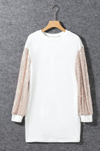 White sequin puff sleeve shift mini dress by Mommas Hive, stylish sleeveless dress with sparkling sequins and a fitted silhouette.