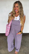 Lavender Spring Karli Boho Overalls by Mommas Hive, featuring lightweight fabric and relaxed fit for casual wear.