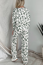 Beige leopard print long sleeve and pants loungewear set by Mommas Hive, soft polyester-elastane fabric, comfortable sleepwear outfit.