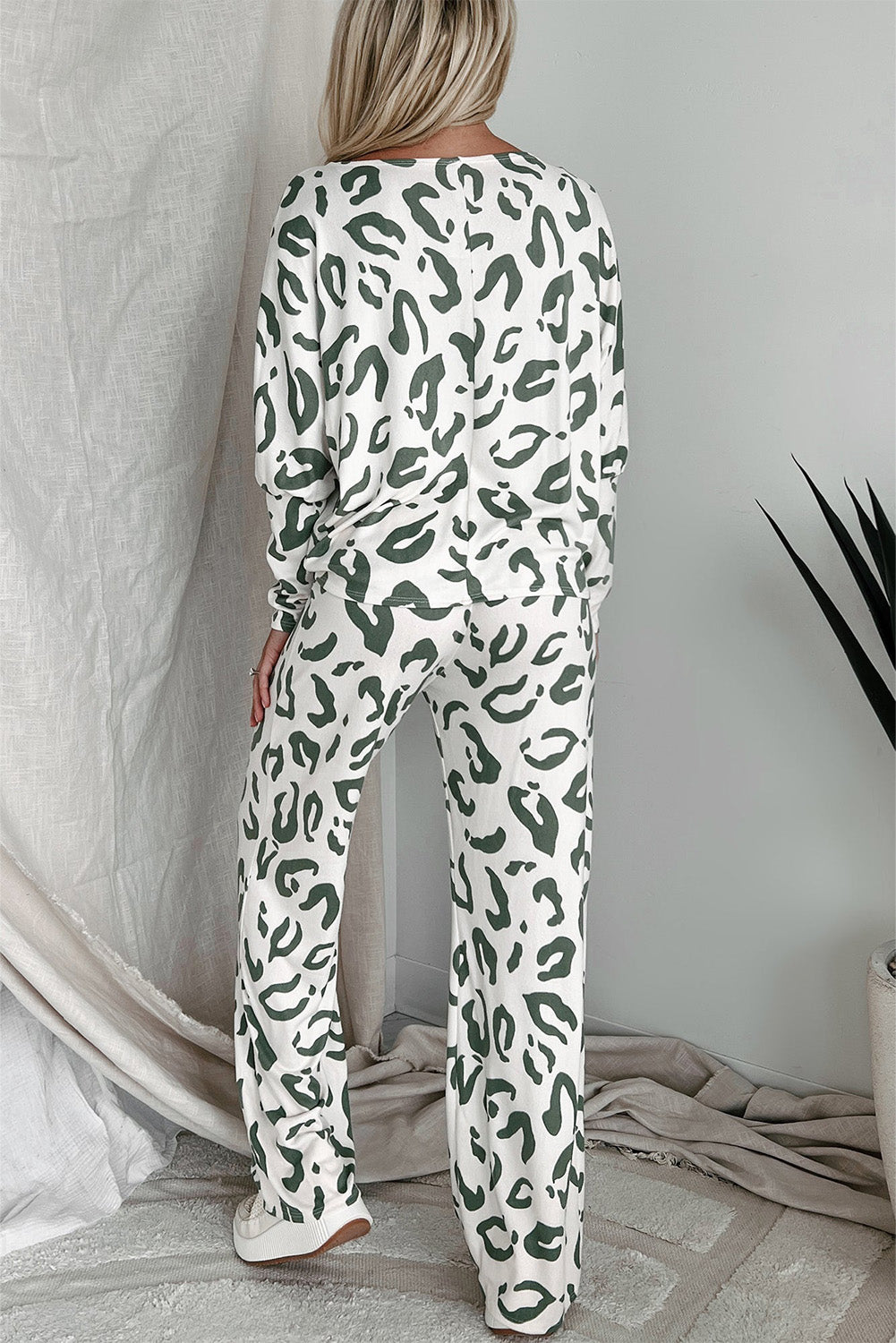 Beige leopard print long sleeve and pants loungewear set by Mommas Hive, soft polyester-elastane fabric, comfortable sleepwear outfit.