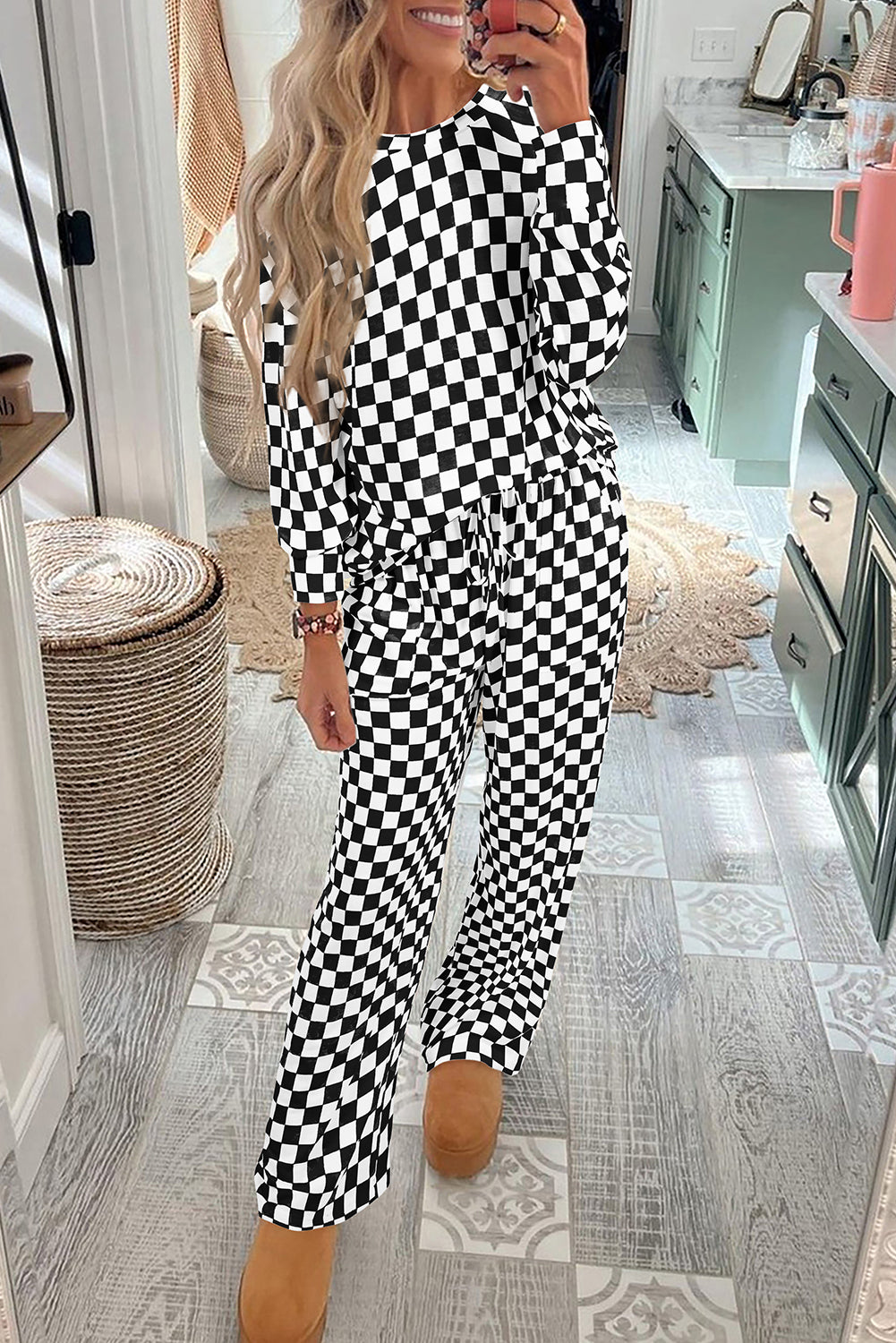 Mommas Hive black checkered print long sleeve top and pants lounge set, comfortable loungewear with stylish pattern and relaxed fit.