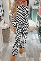 Mommas Hive black checkered print long sleeve top and pants lounge set, comfortable loungewear with stylish pattern and relaxed fit.