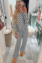 Mommas Hive black checkered print long sleeve top and pants lounge set, comfortable loungewear with a stylish pattern.