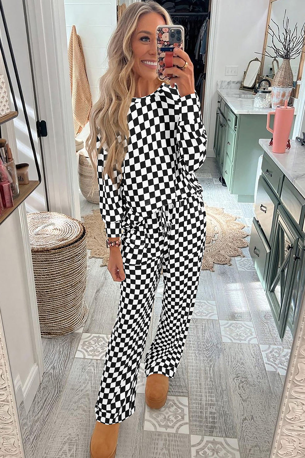 Mommas Hive black checkered print long sleeve top and pants lounge set, comfortable loungewear with a stylish pattern.