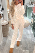 Black checkered print long sleeve top and pants lounge set by Mommas Hive, comfortable loungewear for relaxing at home.