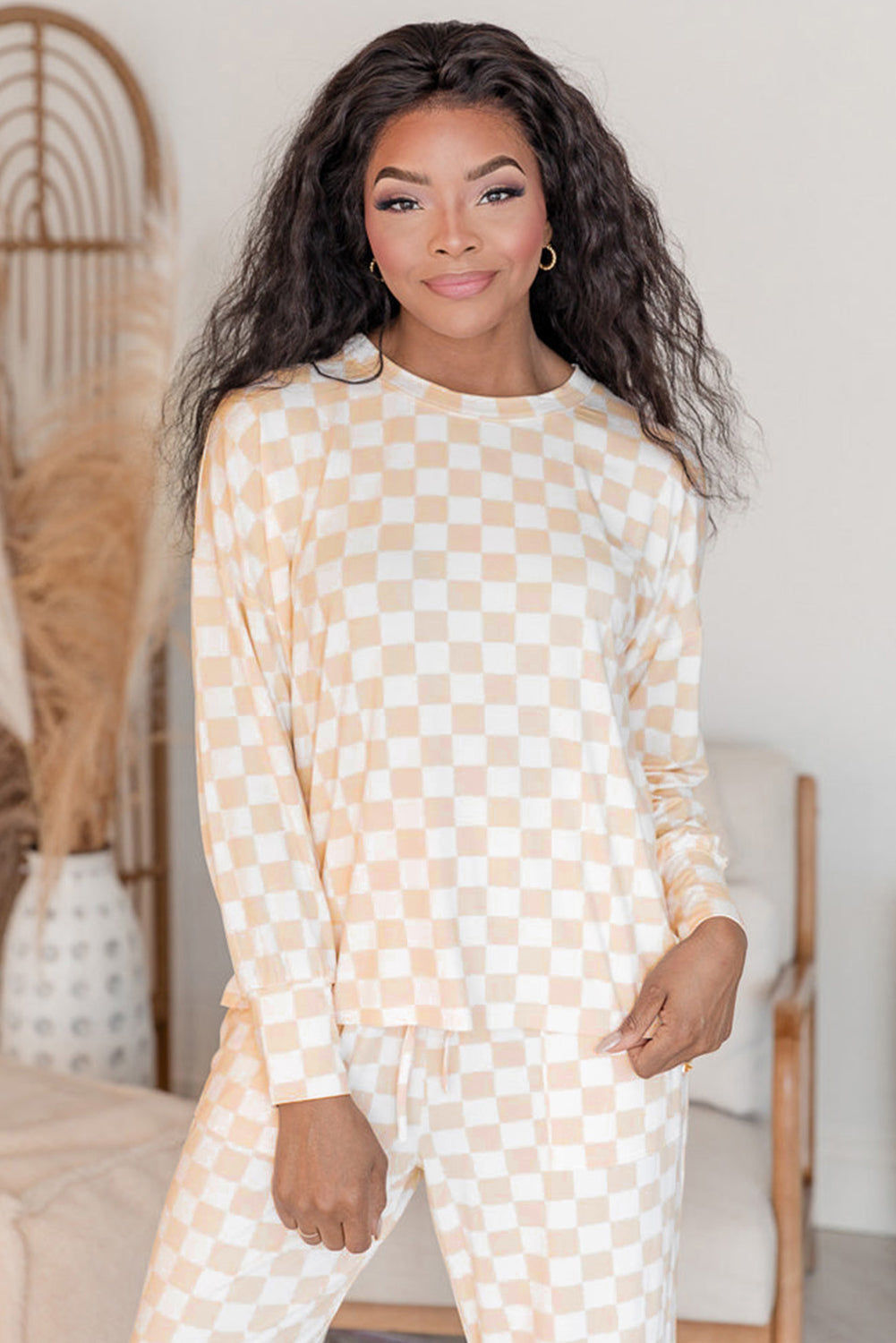 Mommas Hive black checkered print long sleeve top and pants lounge set, comfortable loungewear and sleepwear for relaxing at home.
