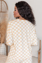 Mommas Hive black checkered print long sleeve top and pants lounge set, comfortable loungewear with cozy polyester-elastane fabric.