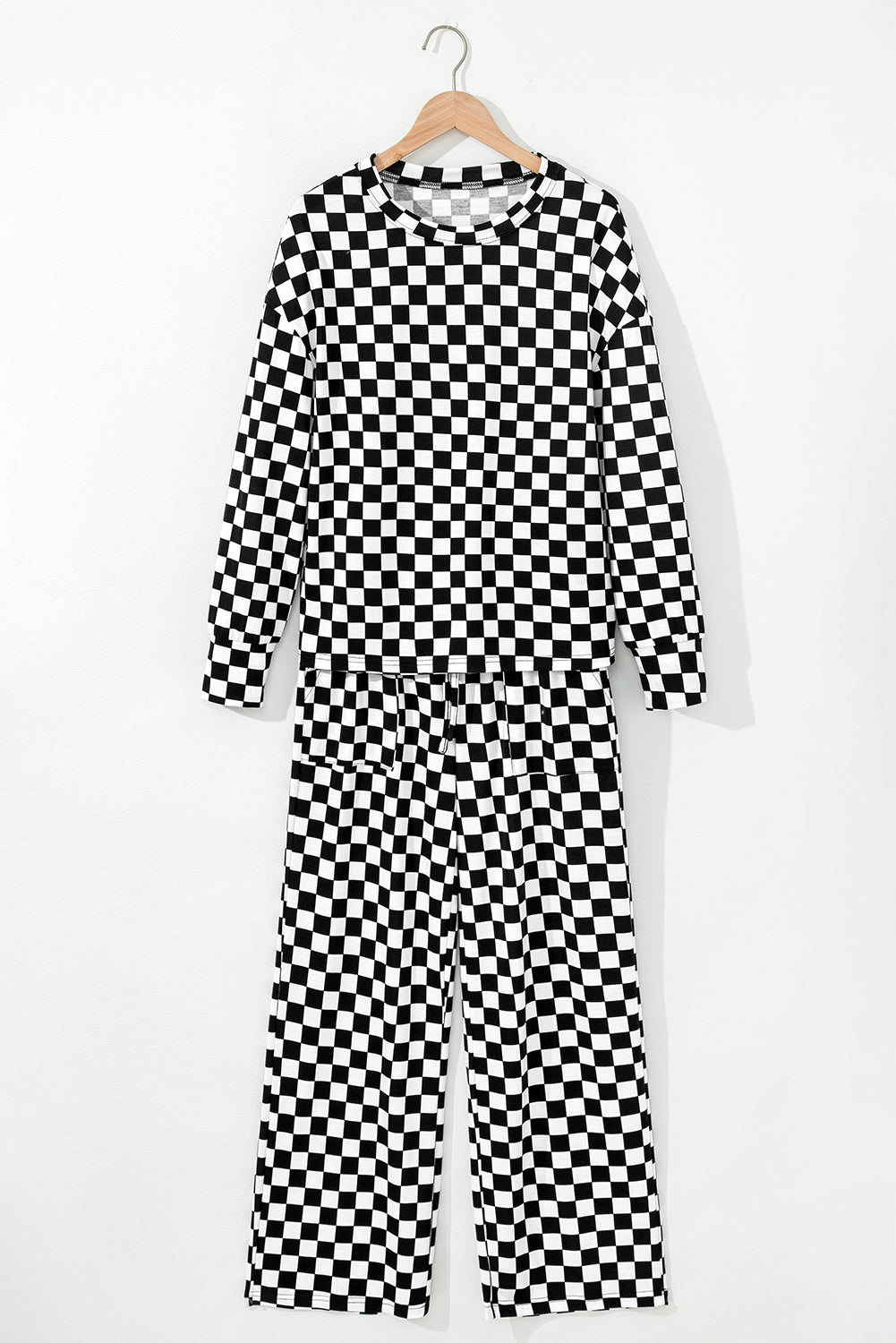 Mommas Hive black checkered print long sleeve top and pants lounge set, comfortable loungewear with a cozy, relaxed fit.