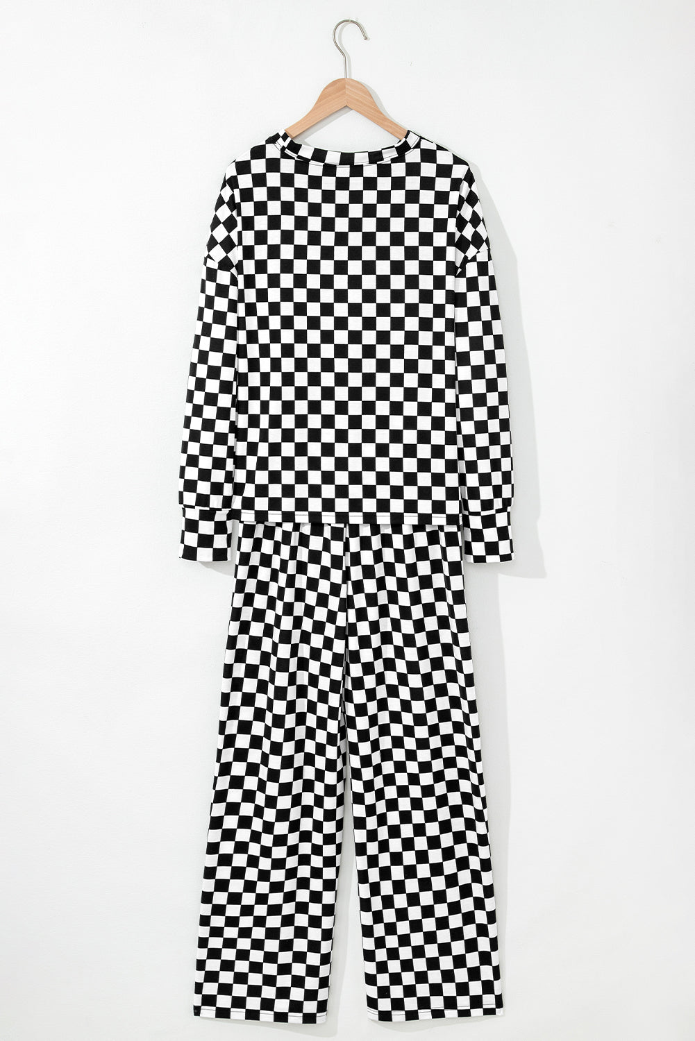 Mommas Hive black checkered print long sleeve top and pants lounge set, cozy loungewear with comfortable fabric and stylish pattern.