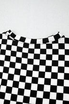 Mommas Hive black checkered print long sleeve top and pants lounge set, comfortable loungewear for relaxing at home.