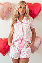 Pink Bowknot printed short sleeve and ruffled shorts pajama set from Mommas Hive, perfect for Valentine's loungewear.
