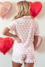 Pink Bowknot printed short sleeve and ruffled shorts pajama set by Mommas Hive, perfect for Valentines loungewear and sleepwear.
