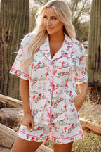 White cowgirl country print pajamas set by Mommas Hive, soft loungewear with comfortable polyester and elastane fabric.