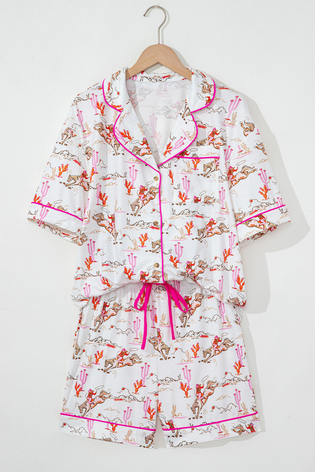 White cowgirl country print pajamas set from Mommas Hive, soft loungewear with polyester and elastane for comfort and style