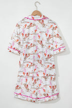 White cowgirl country print pajamas set from Mommas Hive, cozy loungewear with soft polyester and elastane for comfortable sleep.