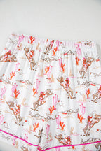 White cowgirl country print pajamas set by Mommas Hive, soft polyester and elastane loungewear for comfortable sleep.