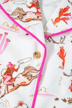 White cowgirl country print pajamas set by Mommas Hive, comfortable loungewear with polyester and elastane fabric.