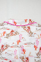 White cowgirl country print pajamas set by Mommas Hive, soft loungewear with polyester and elastane for comfortable sleepwear.