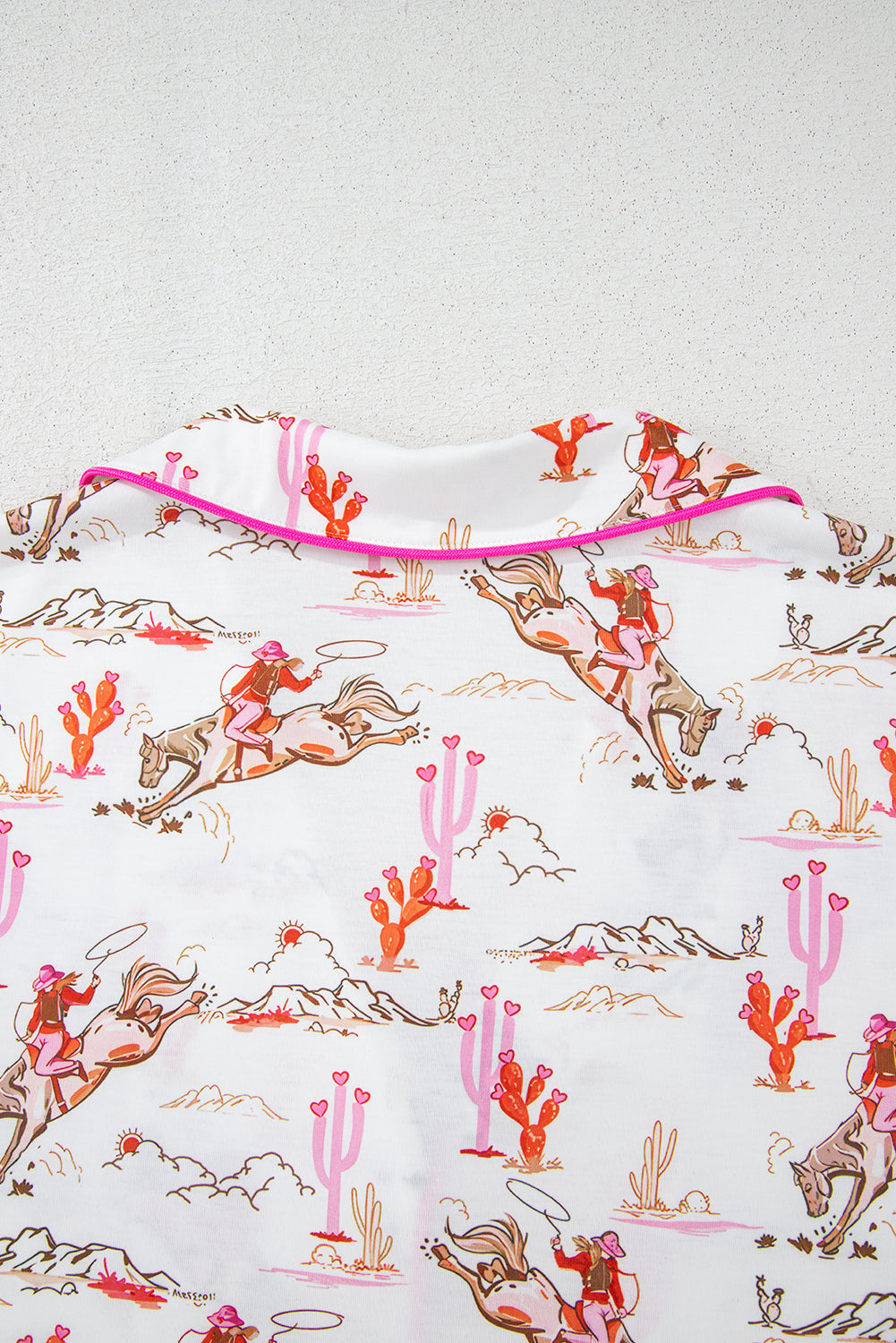 White cowgirl country print pajamas set by Mommas Hive, soft loungewear with polyester and elastane for comfortable sleepwear.