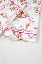 White cowgirl country print pajama set from Mommas Hive, soft loungewear with comfortable polyester and elastane blend.