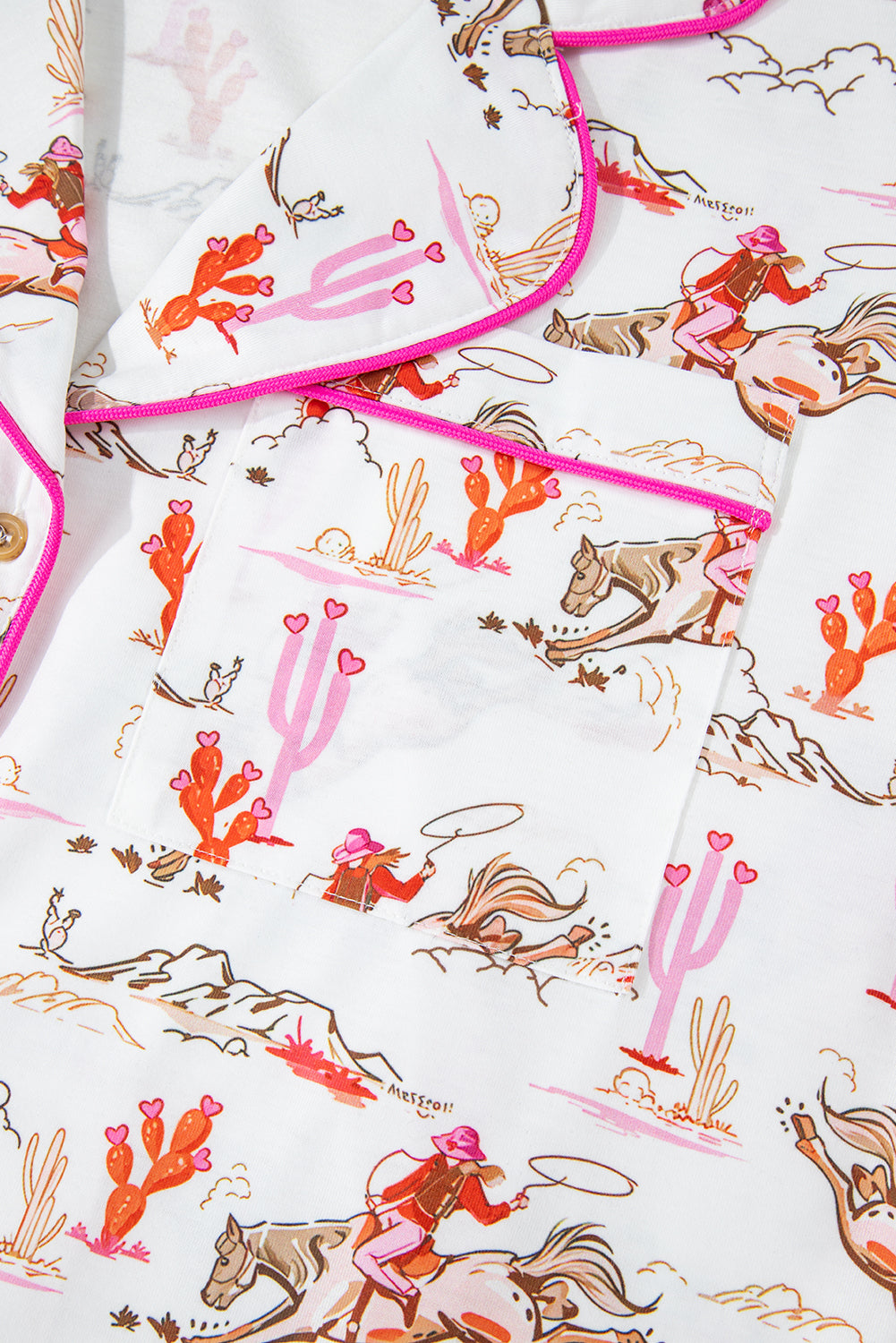 White cowgirl country print pajamas set from Mommas Hive, soft loungewear with comfortable polyester and elastane blend.