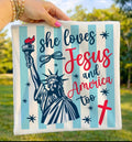 Medium-sized Houston Customs "Jesus and America Too" graphic T-shirt featuring bold text and patriotic design.