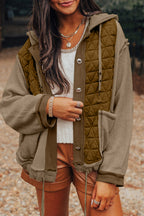 Light blue quilted textured patchwork loose fit hooded jacket from Mommas Hive, made of polyester and elastane outerwear.