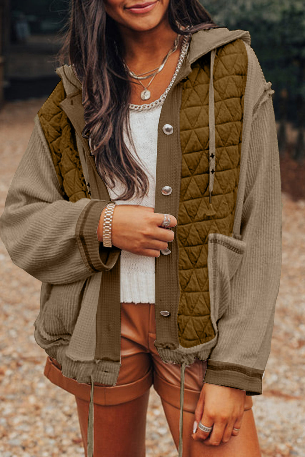 Light blue quilted textured patchwork loose fit hooded jacket from Mommas Hive, made of polyester and elastane outerwear.