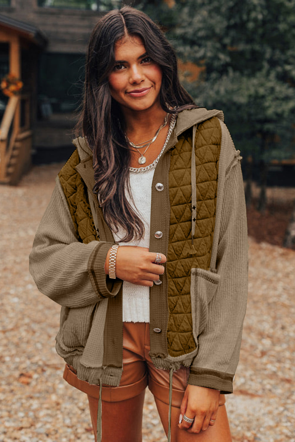 Light blue quilted textured patchwork hooded jacket by Mommas Hive, loose fit outerwear with polyester and elastane blend.