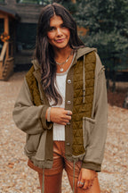 Light blue quilted textured patchwork hooded jacket by Mommas Hive, loose fit outerwear with polyester and elastane blend.