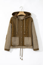 Light blue quilted textured patchwork loose-fit hooded jacket by Mommas Hive, featuring a cozy outerwear design with a relaxed fit.