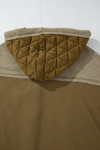 Light blue quilted textured patchwork loose fit hooded jacket by Mommas Hive, stylish outerwear with a cozy hood and relaxed fit.