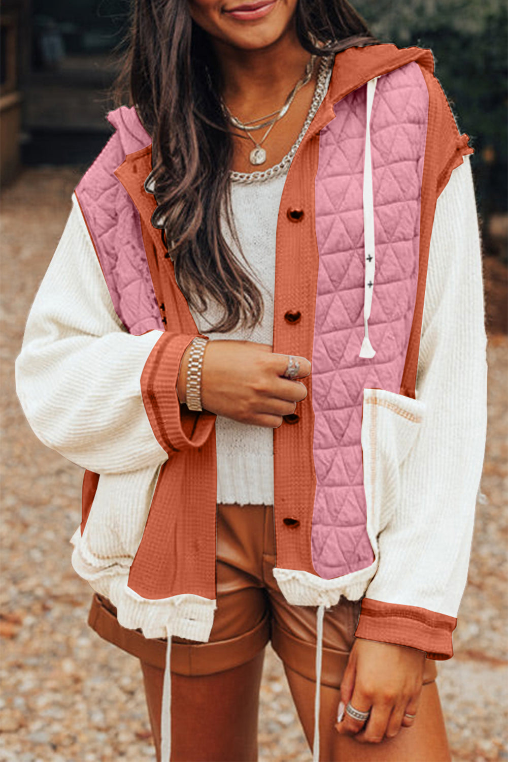 Light blue quilted textured patchwork loose fit hooded jacket from Mommas Hive, featuring a stylish outerwear design.