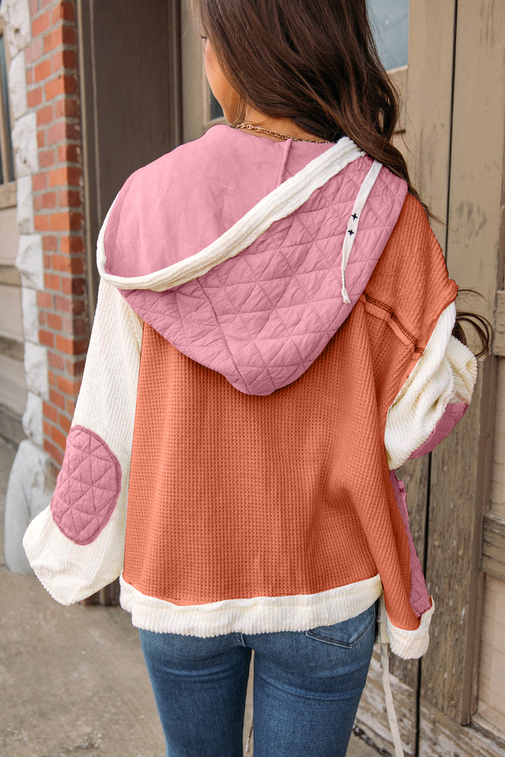 Light blue quilted textured patchwork loose fit hooded jacket by Mommas Hive, featuring a cozy outerwear design with a hood and relaxed fit.