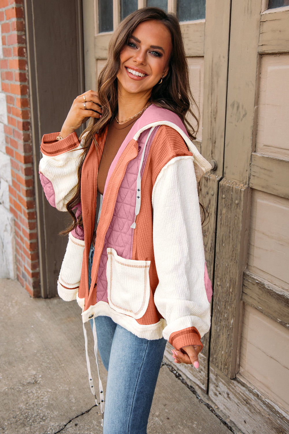 Light blue quilted textured patchwork loose fit hooded jacket by Mommas Hive, showcasing its casual outerwear style and cozy design.