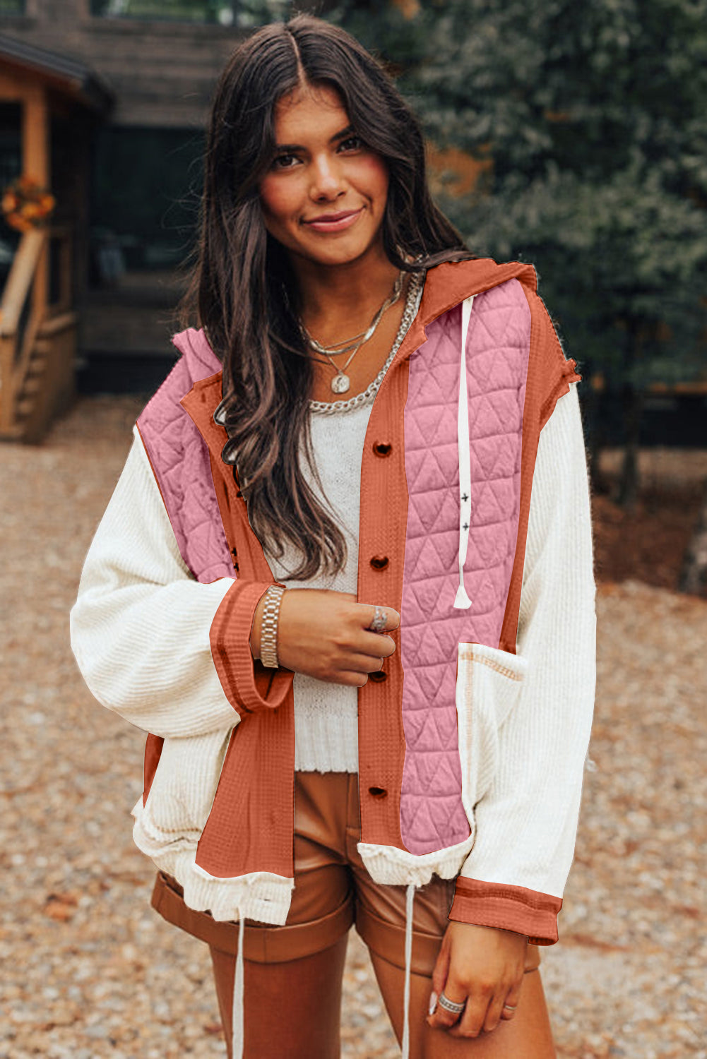 Light blue quilted textured patchwork loose fit hooded jacket by Mommas Hive, made of polyester and elastane, displayed on a hanger.